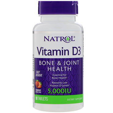 Natrol, vitamina D3, disolución rápida, sabor a fresa, 5000 UI, 90 tabletas