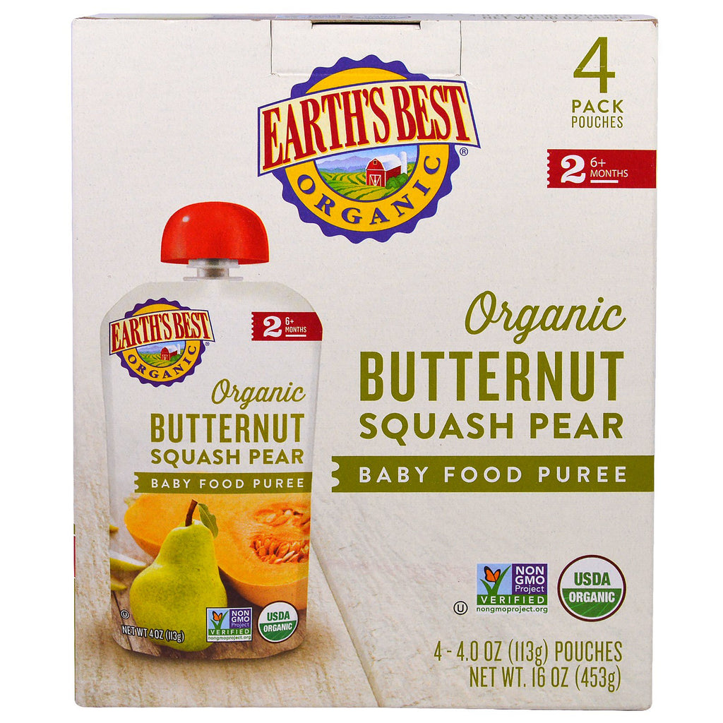 Earth's Best Butternut Squash Pære Babymatpuré 6+ måneder 4 poser 4,0 oz (113 g) hver