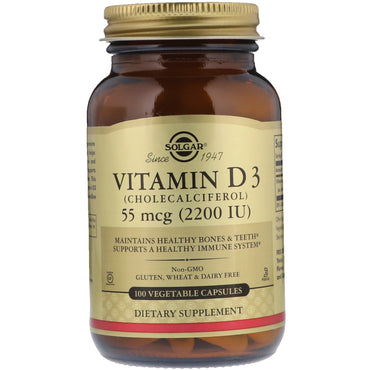 Solgar, Vitamine D3 naturelle, 55 mcg (2 200 UI), 100 gélules végétales