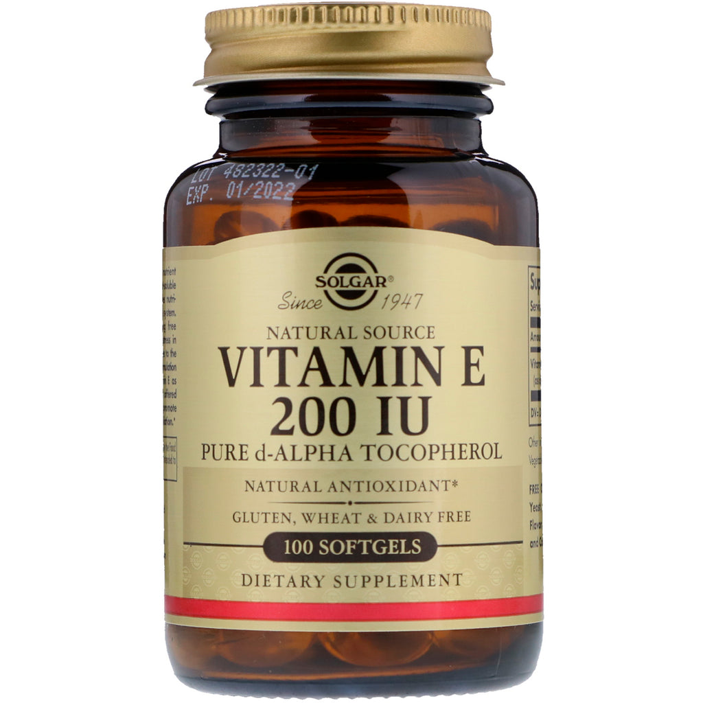Solgar, Natural Vitamin E, 200 IU, Pure d-Alpha Tocopherol, 100 Softgels