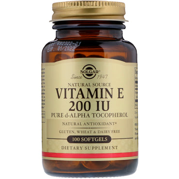 Solgar, vitamina E natural, 200 UI, d-alfa tocoferol puro, 100 cápsulas blandas