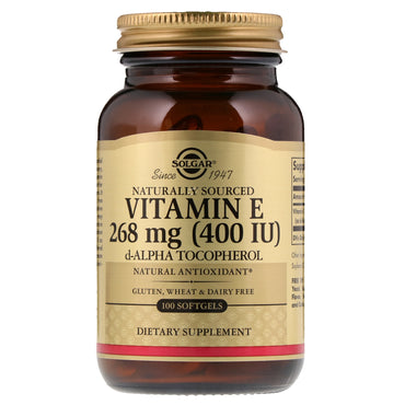 Solgar, vitamina E de origen natural, 400 UI, 100 cápsulas blandas