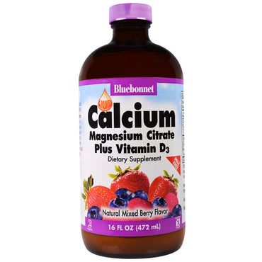 Bluebonnet Nutrition, vloeibaar calciummagnesiumcitraat plus vitamine D3, natuurlijke gemengde bessensmaak, 16 fl oz (472 ml)