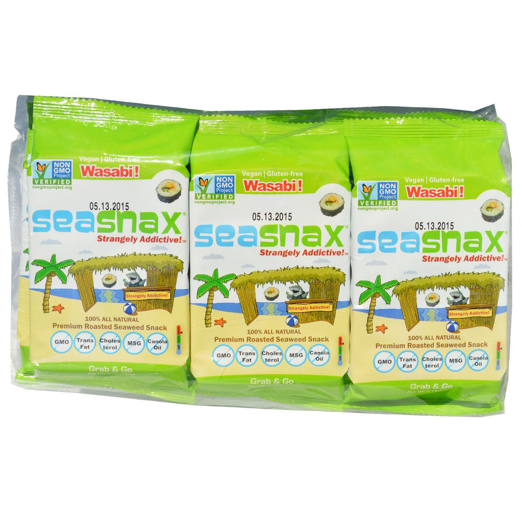SeaSnax, Grab &amp; Go, collation aux algues rôties de qualité supérieure, wasabi, paquet de 6, 0,18 oz (5 g) chacune