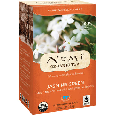 Numi Tea, Thé, Thé vert, Jasmin vert, 18 sachets de thé, 1,27 oz (36 g)