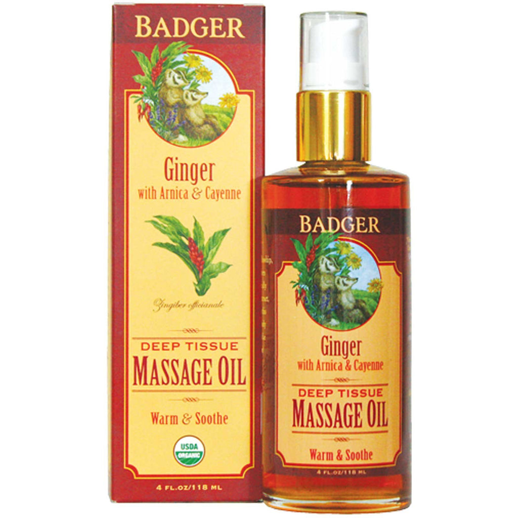 Badger Company, Deep Tissue Massage Oil, Gember met Arnica & Cayenne, 4 fl oz (118 ml)