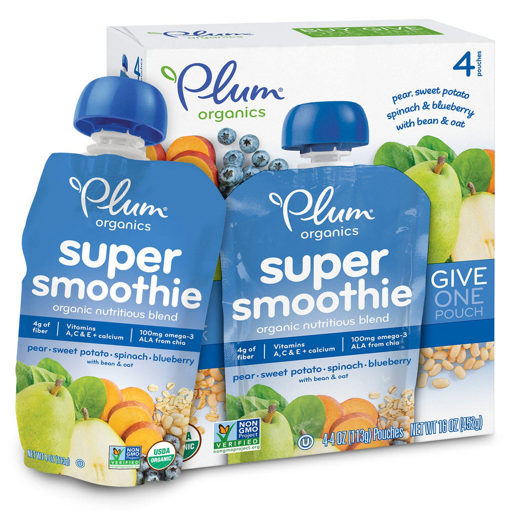 Plum s Super Smoothie Pear Sweet Potato Spinach Blueberry with Bean & Oat 4 Pouches 4 oz (113 g) Each