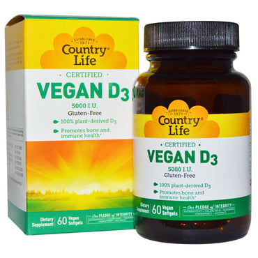 Country Life, Vegan D3, 5000 UI, 60 gélules végétaliennes