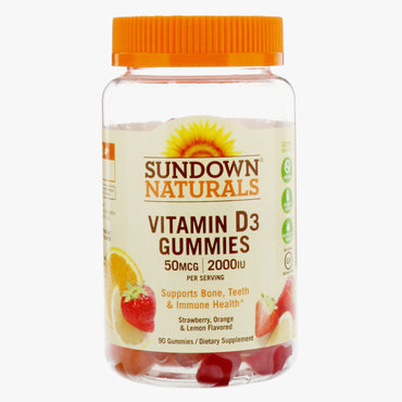 Sundown Naturals, D3-vitamin-gummi, jordbær-, appelsin- og citronsmag, 50 mcg /2.000 IE, 90 gummier