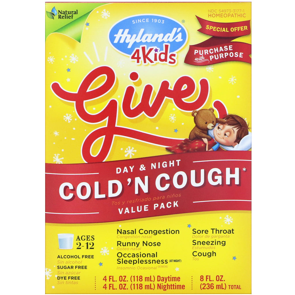 Hyland's, 4 Kids Cold Cough Day & Night Package Value Pack, 4 fl oz (118 מ"ל) כל אחד