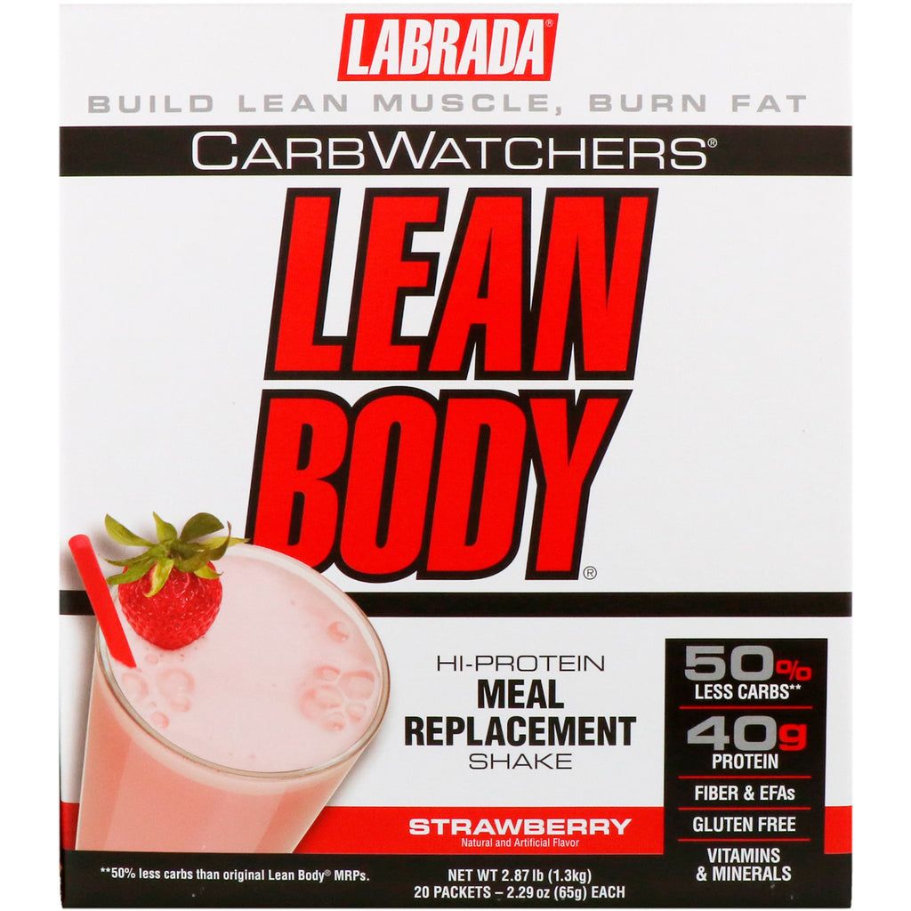 Labrada Nutrition, Carbwatchers, Lean Body, Hi-Protein Meal Replacement Shake, Jordbær, 20 pakker, 2,29 oz (65 g) hver