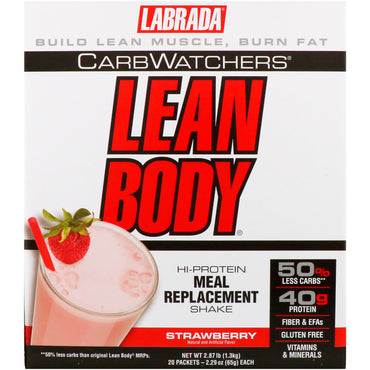 Labrada Nutrition, Carbwatchers، Lean Body، مخفوق بديل للوجبات عالي البروتين، بالفراولة، 20 كيس، 2.29 أونصة (65 جم) لكل كيس