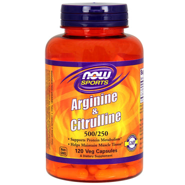 Nu voedingsmiddelen, sport, arginine en citrulline, 500 mg /250 mg, 120 vegetarische capsules
