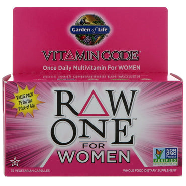 Garden of Life, Vitamin Code, Raw One, Multi-Vitamin én gang daglig for kvinner, 75 vegetariske kapsler