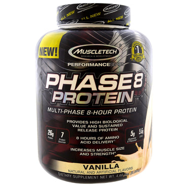 Muscletech, Performance Series, Phase8, Multi-Pase 8 שעות חלבון, וניל, 4.60 פאונד (2.09 ק"ג)