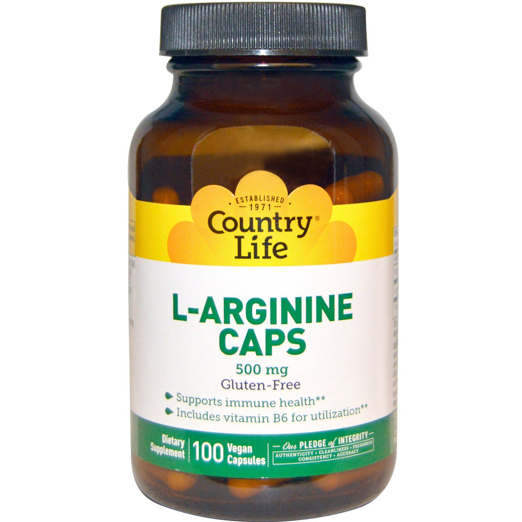 Country Life, Cápsulas de L-Arginina, 500 mg, 100 Cápsulas veganas