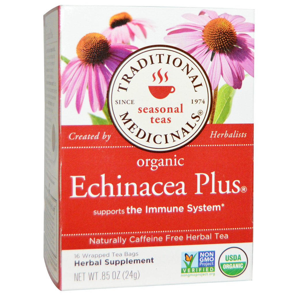 Traditionella läkemedel, säsongsbetonade teer, Echinacea Plus, naturligt koffeinfritt, 16 inslagna tepåsar, 0,85 oz (24 g)