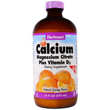 Bluebonnet Nutrition, Citrate de calcium et de magnésium liquide plus vitamine D3, arôme naturel d'orange, 16 fl oz (472 ml)