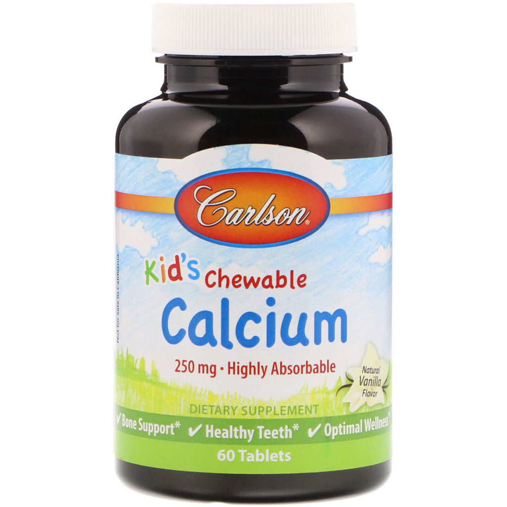Carlson Labs, Cálcio Mastigável Infantil, Sabor Natural de Baunilha, 250 mg, 60 Comprimidos