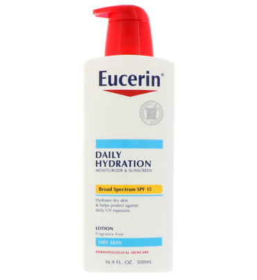 Eucerin, loción, hidratación diaria, piel seca, protector solar SPF 15, sin fragancia, 16,9 fl oz (500 ml)