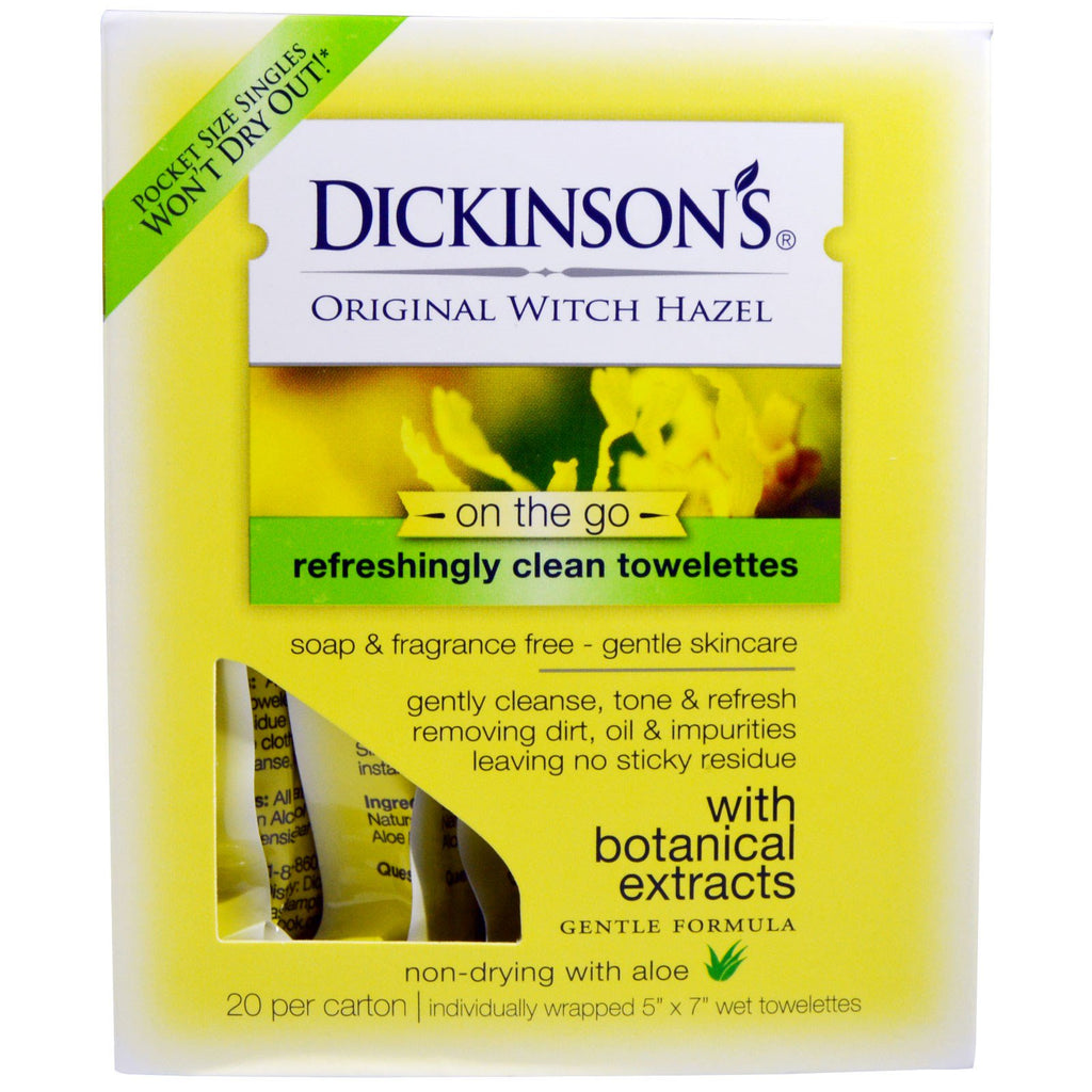 Dickinson Brands, Original Witch Hazel On the Go, Refreshingly Clean Towelettes, 20 Per Carton, 5" x 7" Each