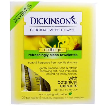 Dickinson Brands, Witch Hazel original On the Go, toalhetes refrescantemente limpos, 20 por caixa, 5" x 7" cada