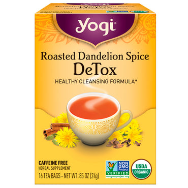 Yogi te, ristet mælkebøtte krydderi Detox, koffeinfri, 16 teposer, 0,85 oz (24 g)