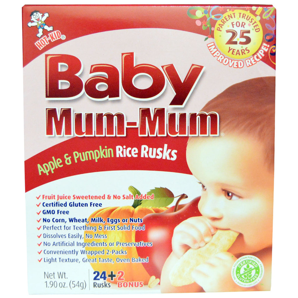 Hot Kid, Baby Mum-Mum, Appel & Pompoen Rijstbeschuiten, 24 Beschuiten, 1,76 oz (50 g)