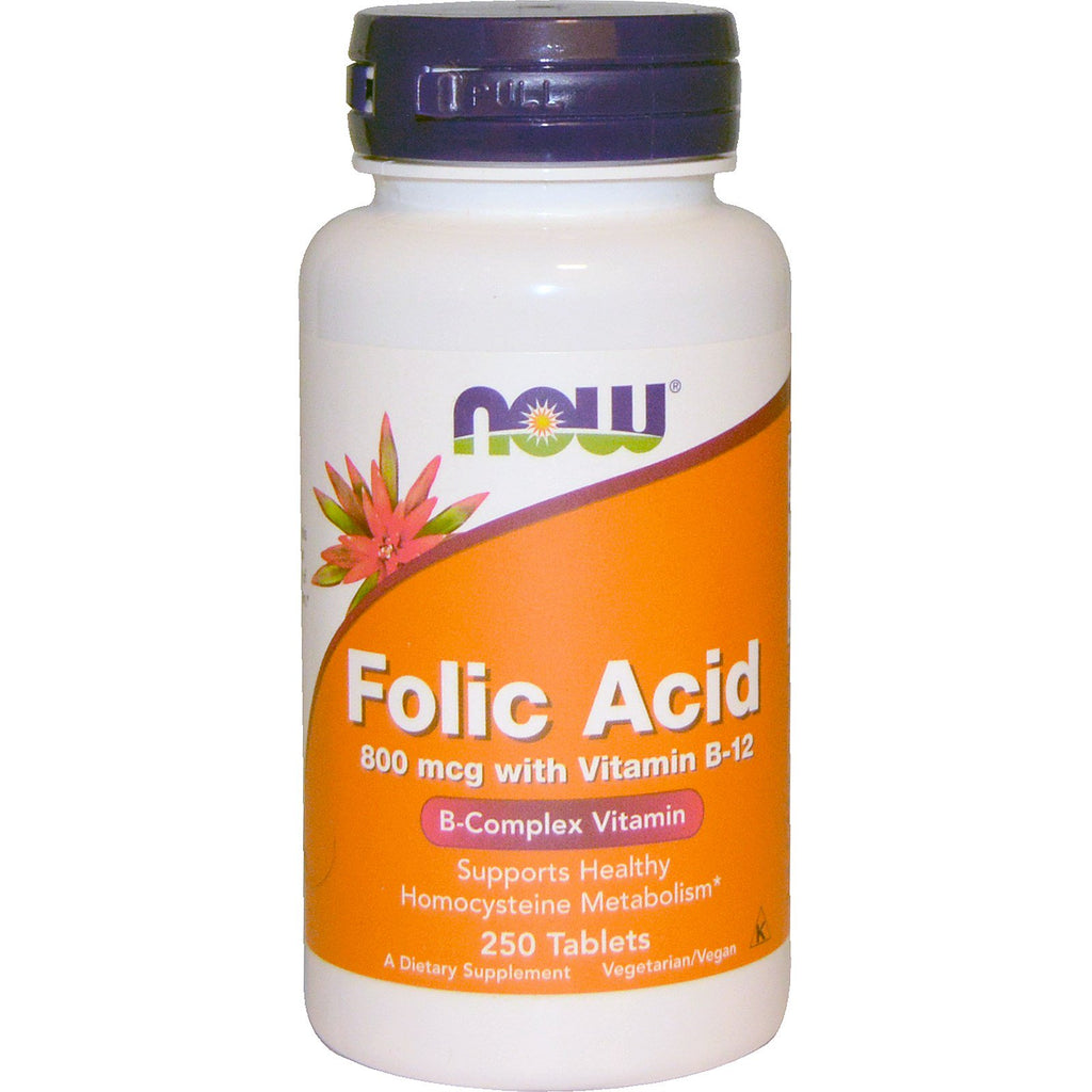 Now Foods, acid folic cu vitamina B-12, 800 mcg, 250 tablete