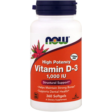 Now Foods, vitamina D-3, 1000 UI, 360 cápsulas blandas
