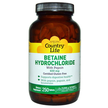 Country Life, Chlorhydrate de bétaïne, avec pepsine, 600 mg, 250 comprimés