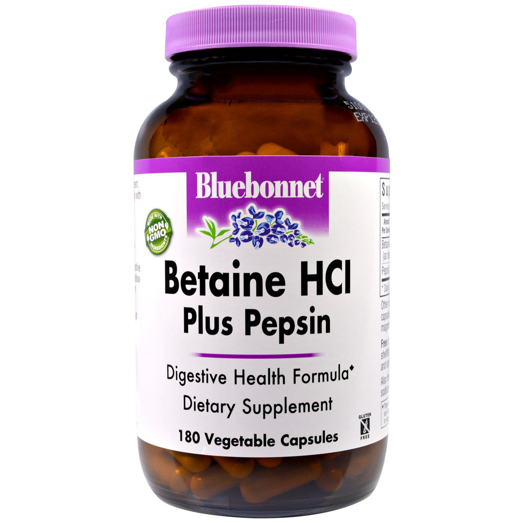 Bluebonnet nutrition, betaină hcl, plus pepsină, 180 de capsule vegetale