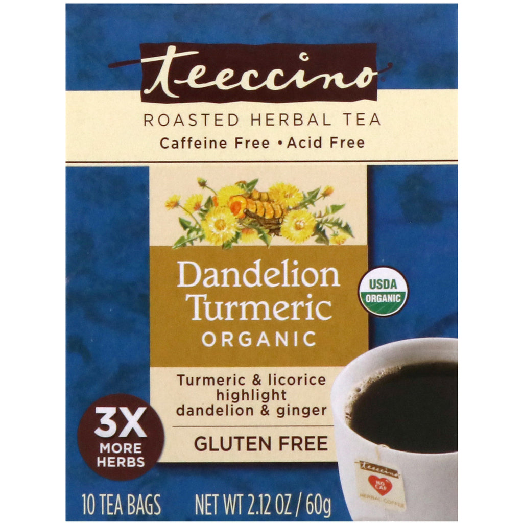 Teeccino, palona herbata ziołowa, kurkuma mniszka lekarskiego, bez kofeiny, 10 torebek herbaty, 2,12 uncji (60 g)