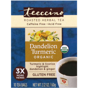 Teeccino, תה צמחים קלוי, כורכום שן הארי, ללא קפאין, 10 שקיות תה, 2.12 אונקיות (60 גרם)