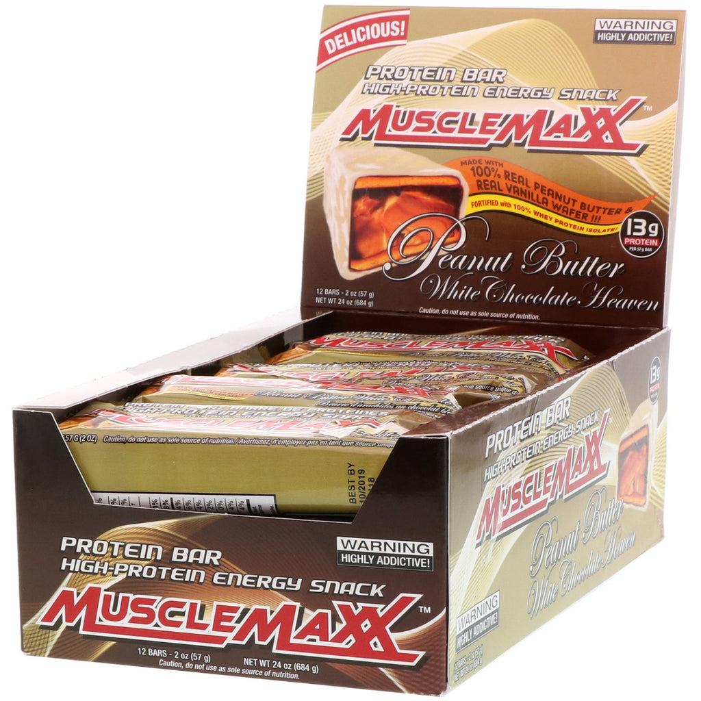 MuscleMaxx Barra de proteína de refrigerio energético alto en proteínas Mantequilla de maní Cielo de chocolate blanco 12 barras 2 oz (57 g) cada una