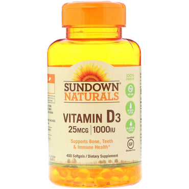 Sundown Naturals, vitamina D3, 25 mcg (1000 UI), 400 cápsulas blandas