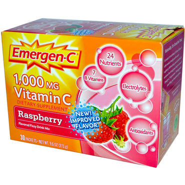 Emergen-C, 1.000 mg vitamine C, framboos, 30 pakjes, elk 9,1 g