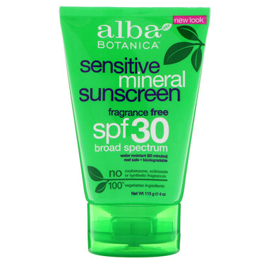 Alba Botanica, mineralsk solkrem, sensitiv, parfymefri, SPF 30, 4 oz (113 g)