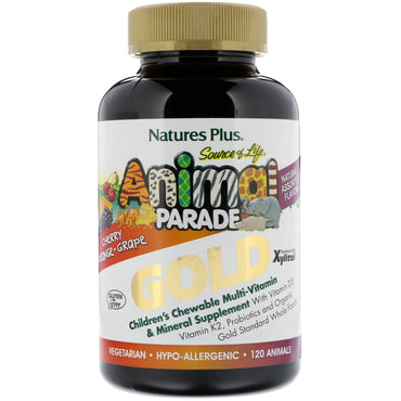 Nature's Plus, Source of Life Animal Parade Gold, tyggeligt multivitamin- og mineraltilskud til børn, naturlige forskellige smagsstoffer, 120 dyreformede tabletter