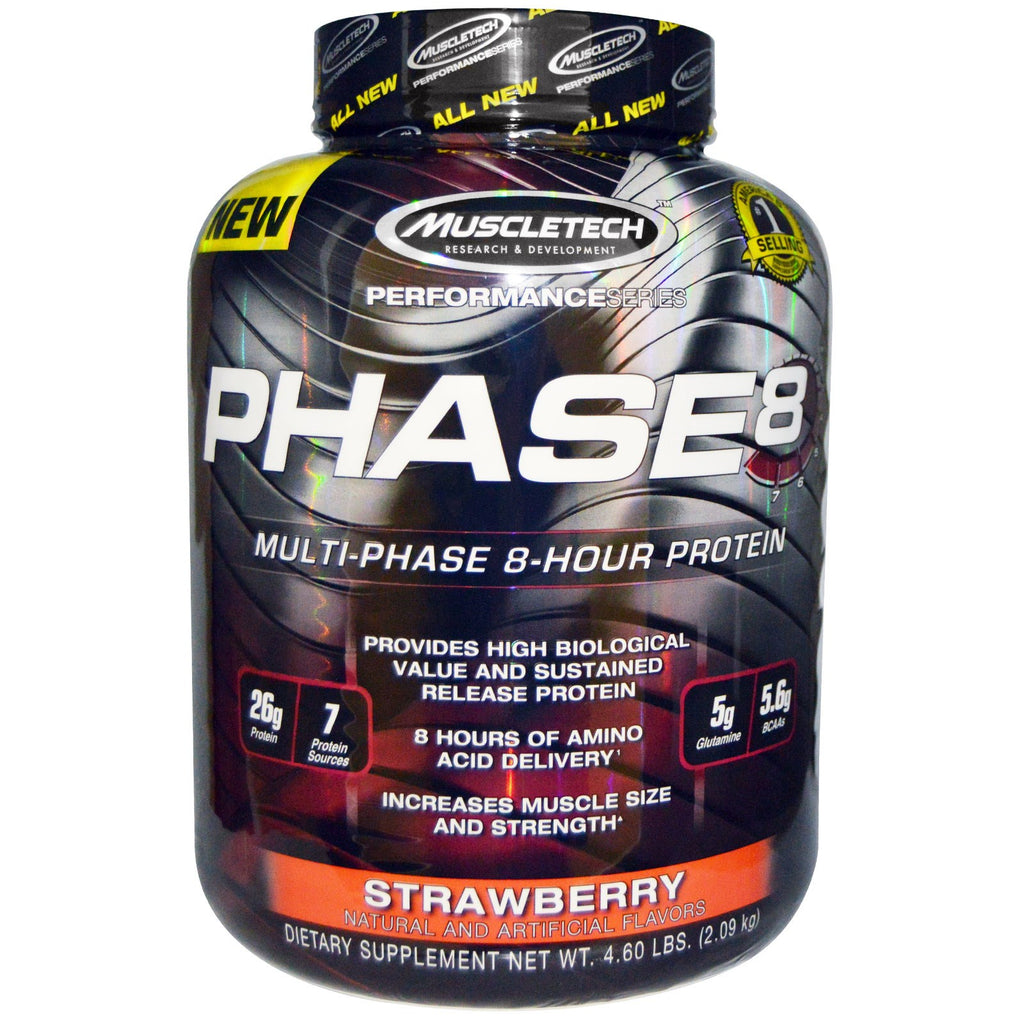 Muscletech, Performance Series, Phase8, Proteine ​​multifase 8 ore, Fragola, 4,60 libbre (2,09 kg)