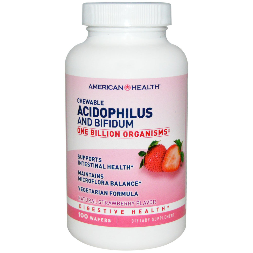 American Health, kauwbare Acidophilus en Bifidum, natuurlijke aardbeiensmaak, 100 wafels
