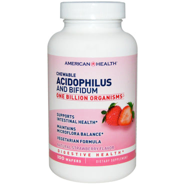 American Health, tygbar Acidophilus og Bifidum, naturlig jordbærsmag, 100 vafler