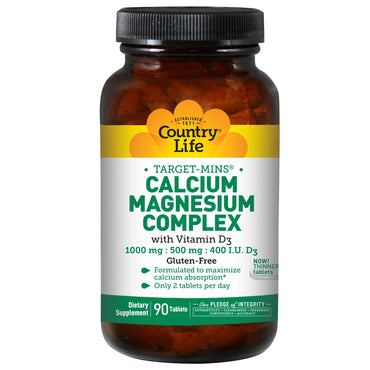 Country Life, Target-Mins, Complexe calcium-magnésium, avec vitamine D3, 90 comprimés