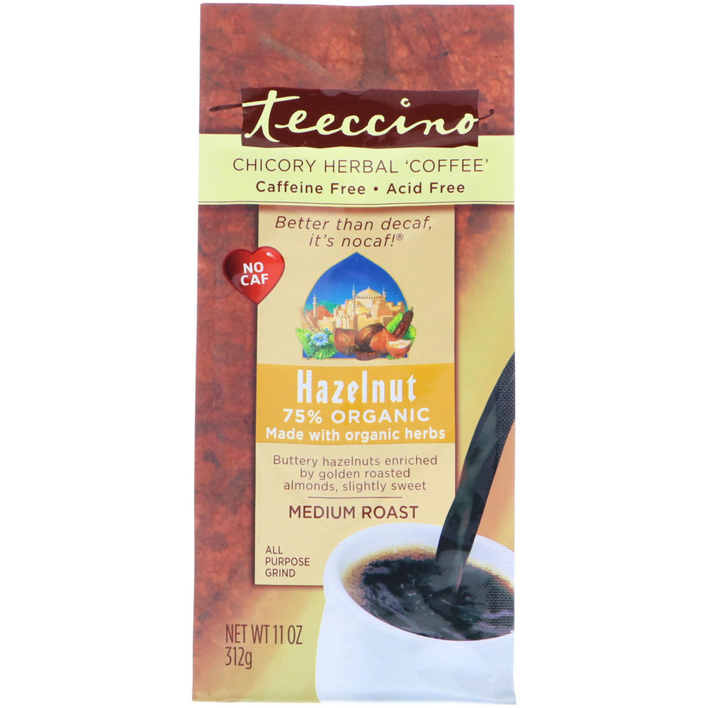 Teeccino, café con hierbas de achicoria, tostado medio, sin cafeína, avellana, 11 oz (312 g)