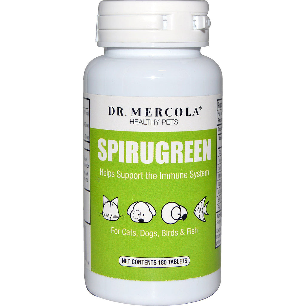 Dr. Mercola, SpiruGreen, pentru pisici, câini, păsări și pești, 500 mg, 180 tablete