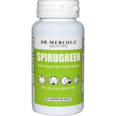 Dr. Mercola, SpiruGreen, för katter, hundar, fåglar och fiskar, 500 mg, 180 tabletter