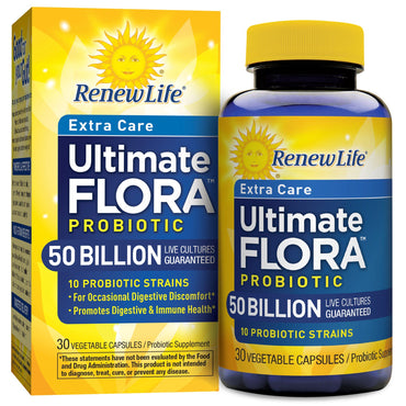 Renew Life, Extra Care, Ultimate Flora Probiotic, 50 mil millones de cultivos vivos, 30 cápsulas vegetales