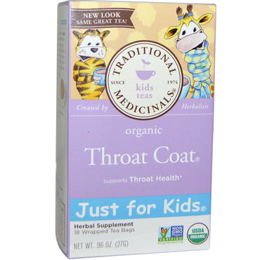 Traditional Medicinals Just for Kids Throat Coat Naturally Té de hierbas sin cafeína 18 bolsitas de té envueltas 0,96 oz (27 g)