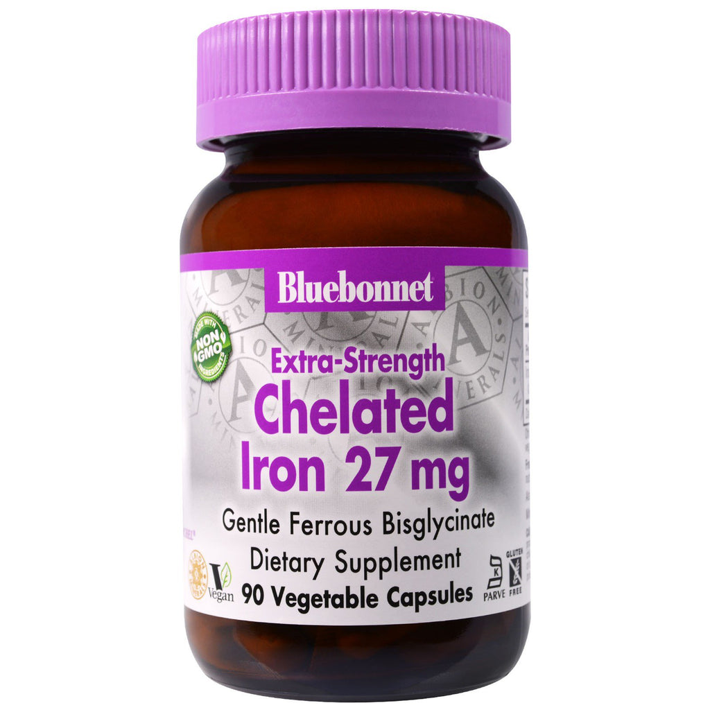Bluebonnet Nutrition, żelazo chelatowane o dodatkowej mocy, 27 mg, 90 kapsułek wegetariańskich