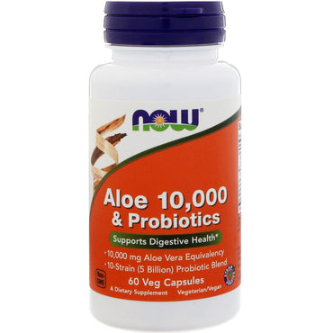 Now Foods, Aloe 10,000 y probióticos, 60 cápsulas vegetales